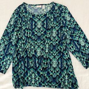 Chico’s Blue Green Printed Wrap-Style Top
